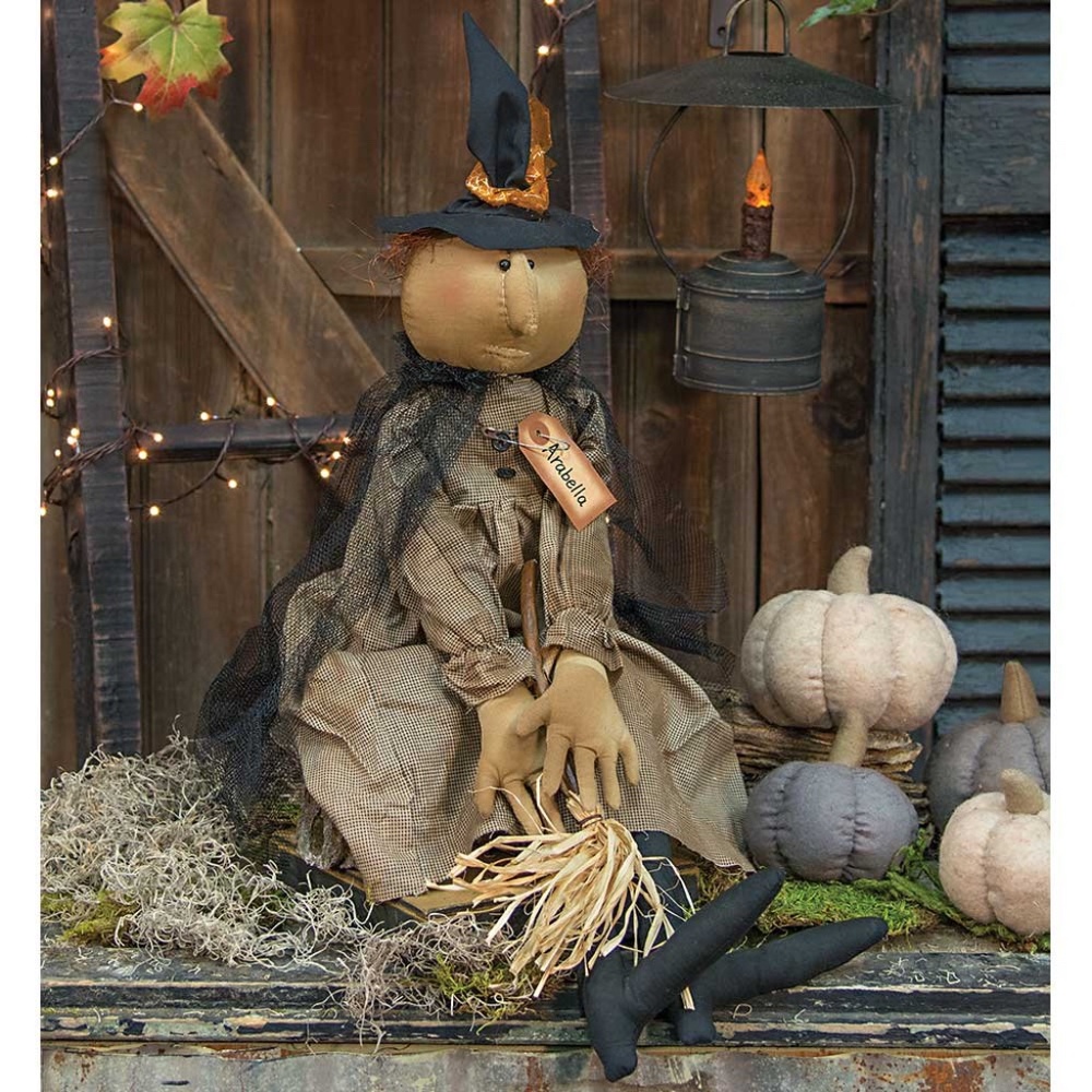 Arabella Cloth Witch Doll w Broom Primitive Halloween Country Farmhouse New